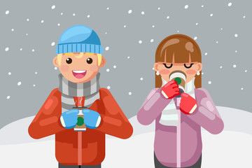 Geek hipster couple winter hot drink tea coffee young man cup flat design vector illustration