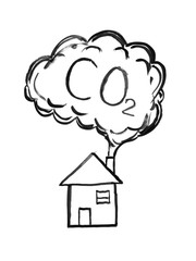 Black brush and ink artistic rough hand drawing of smoke coming from house chimney into air. Environmental concept of carbon dioxide or CO2 pollution.