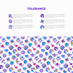 Fototapeta na wymiar Tolerance concept with thin line icons: gender, racial, national, religious, sexual orientation, educational, interclass, for disability, human rights, democracy. Vector illustration for print media.
