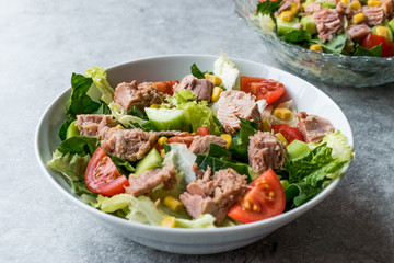 Tuna Fish Salad with Lettuce, Cherry Tomatoes, Cucumber and Corn.