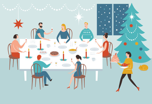 Happy people sitting at table,Family Christmas supper. Vector illustration in flat style.