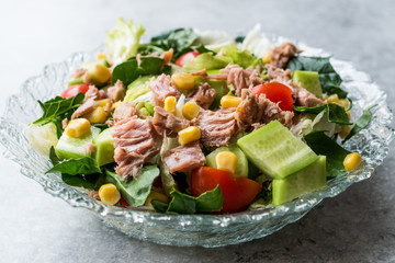 Tuna Fish Salad with Lettuce, Cherry Tomatoes, Cucumber and Corn.