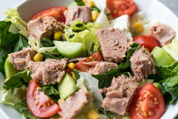 Tuna Fish Salad with Lettuce, Cherry Tomatoes, Cucumber and Corn.