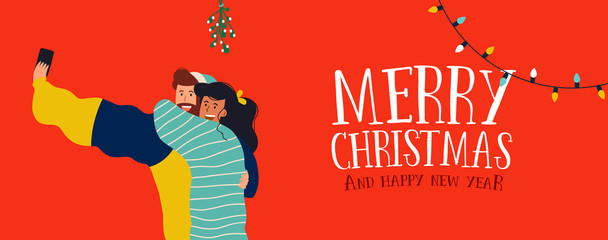 Christmas banner of couple selfie under mistletoe
