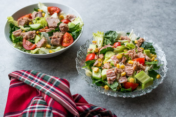 Tuna Fish Salad with Lettuce, Cherry Tomatoes, Cucumber and Corn.