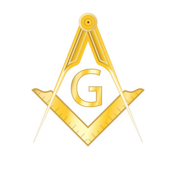Golden masonic square and compass symbol, with G letter. Mystic occult esoteric, sacred society. Vector illustration