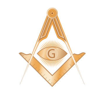 Copper masonic square and compass symbol, with G letter in an eye on sun rays. Mystic occult esoteric, sacred society. Vector illustration
