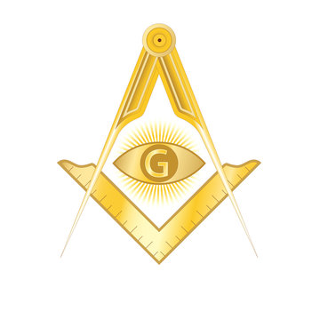 Golden masonic square and compass symbol, with G letter in an eye on sun rays. Mystic occult esoteric, sacred society. Vector illustration