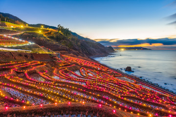 Wajima, Japan at Shiroyone Senmaida rice terraces night light up.
