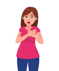 Young attractive shocked woman holds hands on chest. Sick woman with heart attack, pain, health problem holding touching her chest with hands. Human emotion concept illustration in vector cartoon.