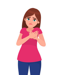 Young attractive painful woman holds hands on chest. Sick woman with heart attack, pain, health problem holding touching her chest with hands. Human emotion concept illustration in vector cartoon.