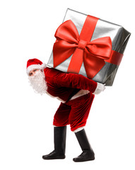 Santa Claus with giant Christmas present or New Year gift box isolated on white background