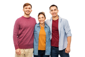 friendship and people concept - group of smiling friends over white background