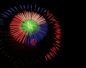 Colorful amazing fireworks isolated in dark background close up with the place for text, Malta,...