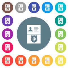 Police id and badge flat white icons on round color backgrounds