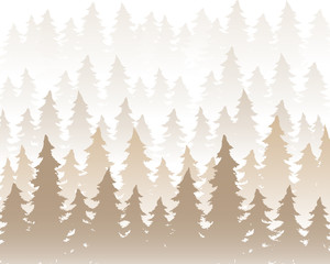 Vector panorama of wild coniferous forest in the morning fog