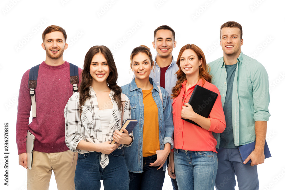 Sticker education, high school and people concept - group of smiling students with books over white background