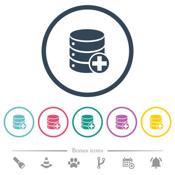Add to database flat color icons in round outlines