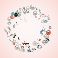 Abstract concept of 3d render frame with realistic flying shapes primitives composition.