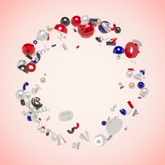 Abstract concept of 3d render frame with realistic flying shapes primitives composition.