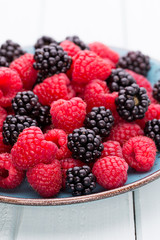 Fresh raspberries in a plate on a  vintage background.