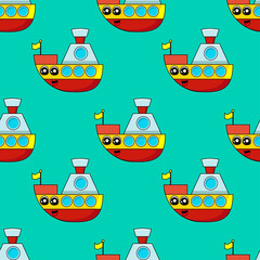 Cute kids ship pattern for girls and boys. Colorful ship pattern on the abstract background create a fun cartoon drawing. The backdrop is made in neon colors. Urban pattern for textile and fabric