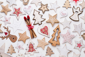 Christmas composition. Stars decorations, on white background. Christmas, winter, new year concept. Flat lay, top view, copy space.