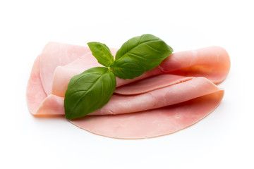 Sliced boiled ham sausage isolated on white background, top view.