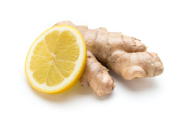 Ginger bio and lemon on white background.