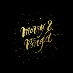 Merry & Bright golden Christmas greeting card