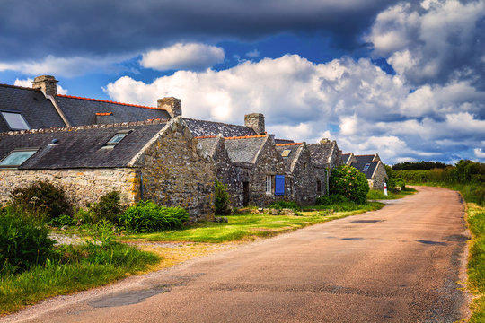Street view of beautiful village of Rostudel former fishing village, Parc naturel regional d'Armorique. Finistere department, Camaret-sur-Mer. Brittany (Bretagne), France.