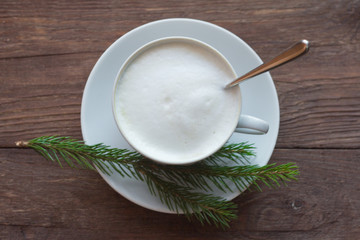 a Cup of coffee with a thick foam and spruce twig on a saucer