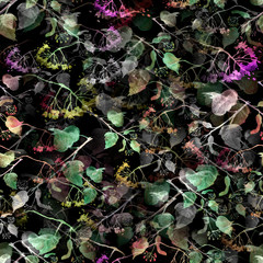 Seamless vintage pattern - branch of a linden, watercolor.splash of abstract paint, fashionable art background, shawl. Linden tree, linden flowers, leaves. Abstract art illustration scenic backgrond