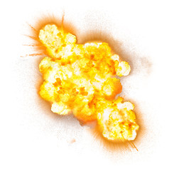 Extremely hot fiery explosion with sparks and smoke, against white background