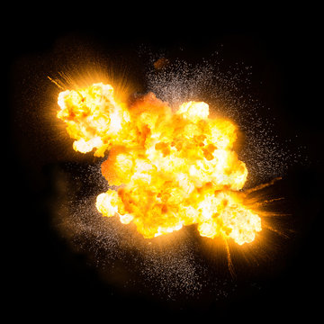Extremely hot fiery explosion with sparks and smoke, against black background