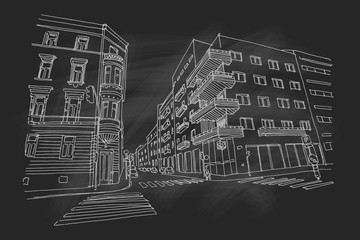 Hand drawn ink line sketch of european street