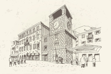 vector sketch of the old town Kotor, Montenegro
