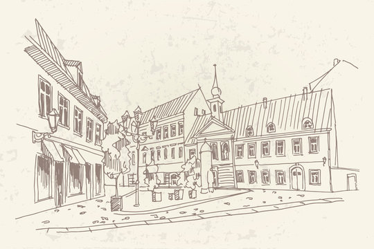 Hand drawn ink line sketch of european street. Zagreb, Croatia.