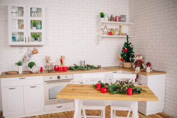 Christmas kitchen. Scenery for photo shoots. White kitchen