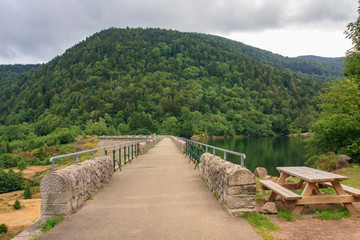 Fototapeta na wymiar Bridge near Alfred lake in Vosges mountain in France.