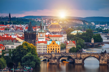 Famous iconic image of Charles bridge, Prague, Czech Republic. Concept of world travel, sightseeing and tourism.