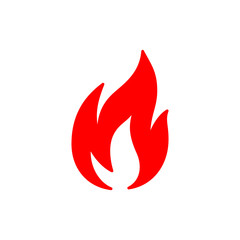 Red isolated icon of fire, flame on white background. Silhouette of bonfire. Flat design.