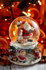 Musical Snow Globe with Santa Claus on bokeh background