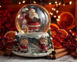 Musical Snow Globe with Santa Claus on bokeh background