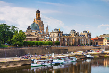 Dresden panorama with Bruhl Terrace (so called Balcony of Europe), the Church of Our Lady and the Elbe, Dresden, Saxony, Germany