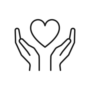 Black isolated outline icon of heart in hands on white background. Line icon of heart and hands. Symbol of care, love, charity.