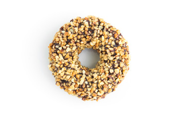 chocolate doughnuts with nuts on white