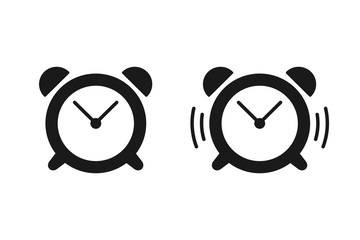 Black isolated set of icons of alarm clock and ringing alarm clock on white background. Silhouette of alarm clock. Flat design. - obrazy, fototapety, plakaty