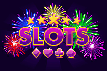Screen logo slots, banner on violet background with icons, stars and fireworks, background game screensaver. Vector illustration