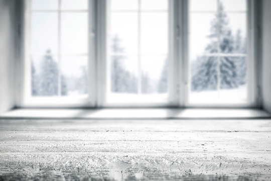 White Wooden Window And Winter Landscape 